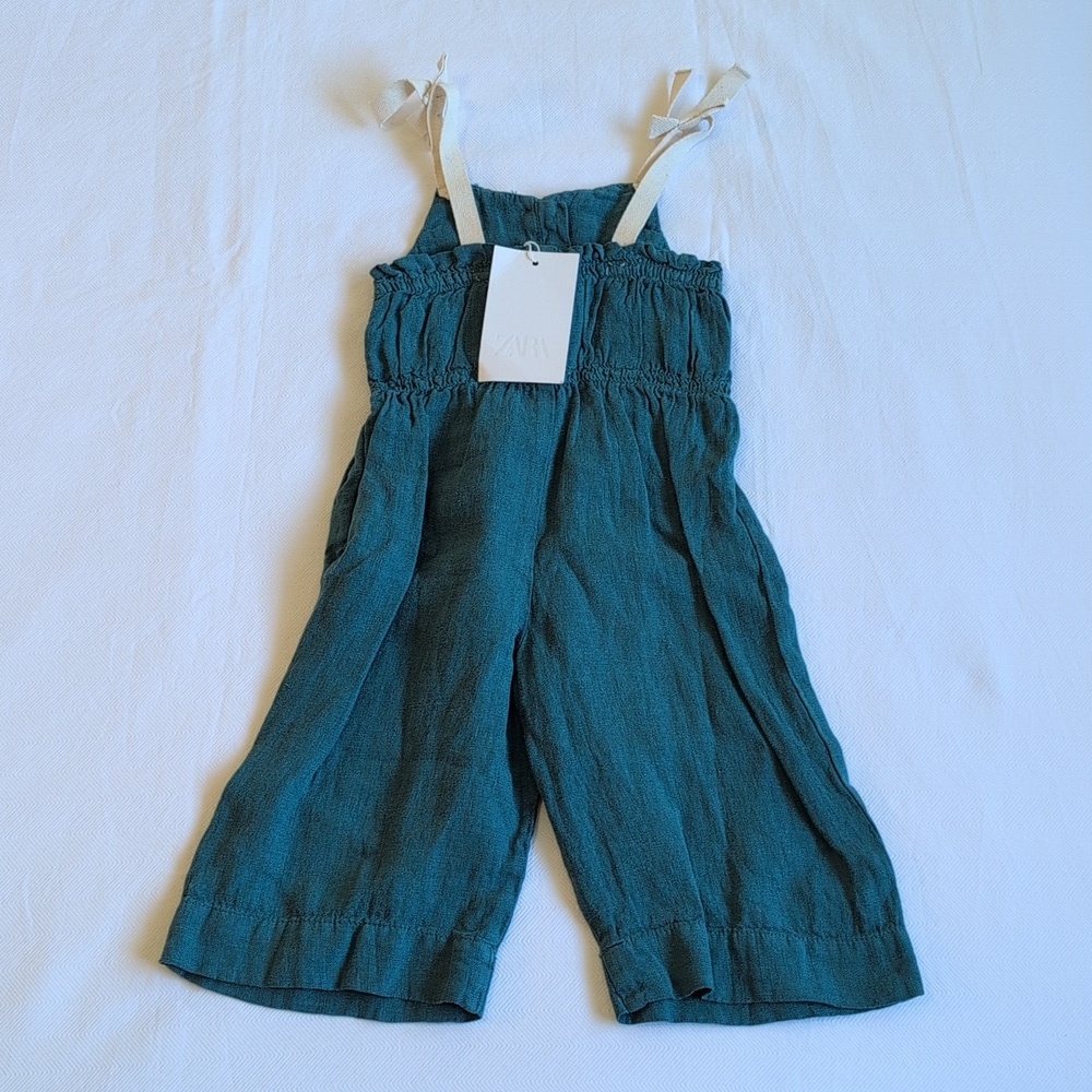 Zara Kids Girls NWT 100% Linen Jumpsuit Teal Green 1.5Y - Picture 7 of 8